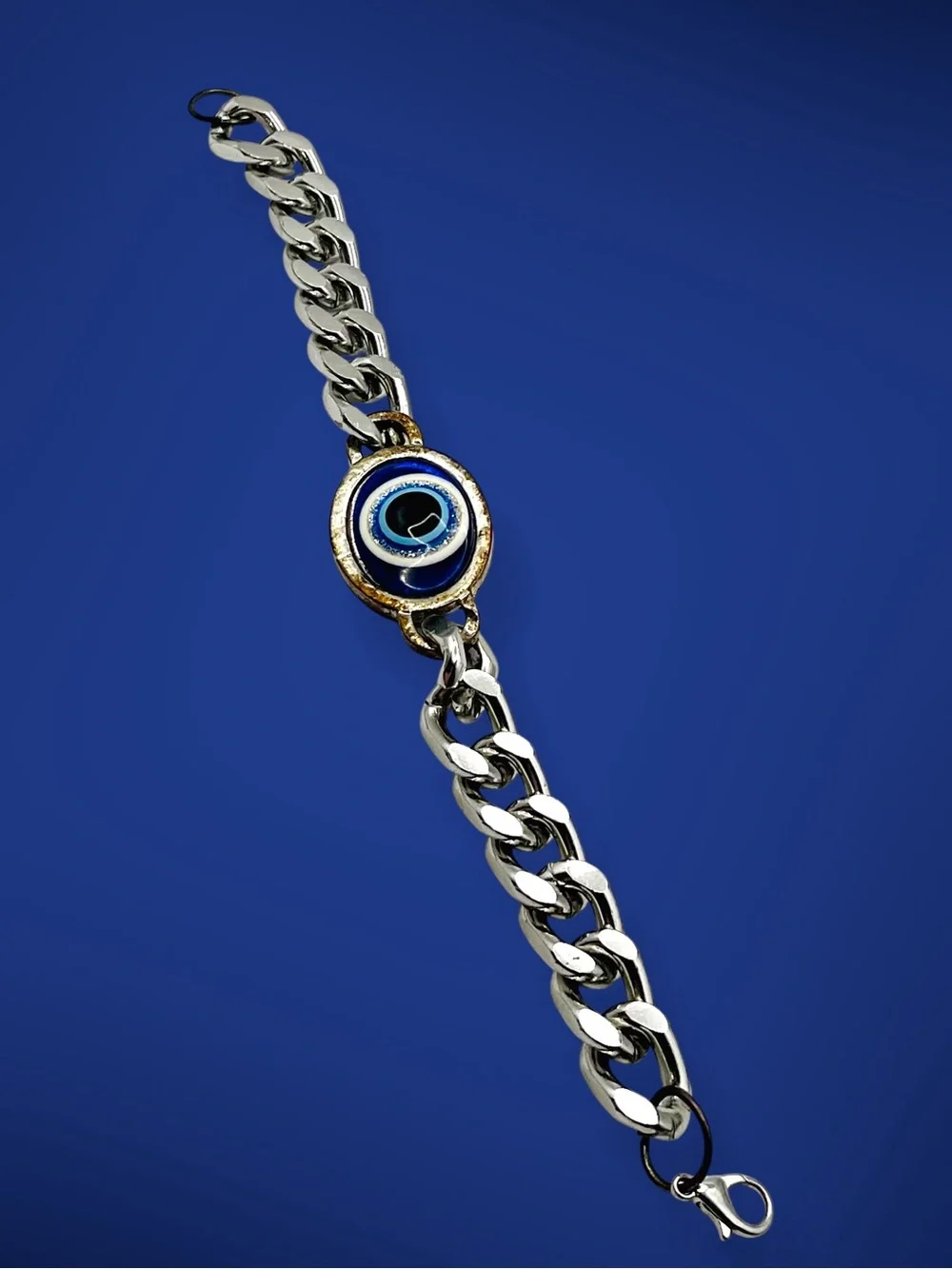 Stainless Steel Evil Eye Curb Chain Bracelet Blue Nazar Protection Amulet